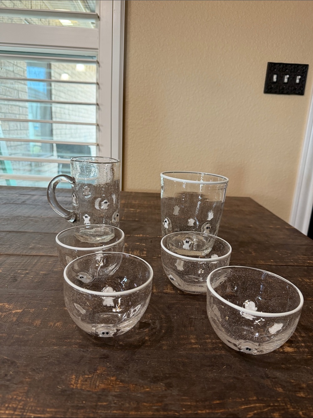 Pottery Barn Clear Glassware Set with White Ghost Motifs